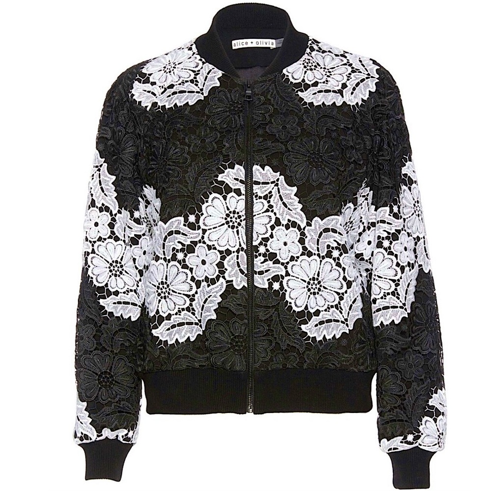 Alice+Olivia Felisa Bomber Jacket (S) Blk/W Lace